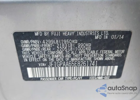 2014 Subaru Impreza 2.0I z USA, uszkodzony, nr VIN JF1GPAA65E8261741